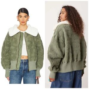 Free People Cozy Up Faux Fur Cardi Zip Up Jacket Large Green